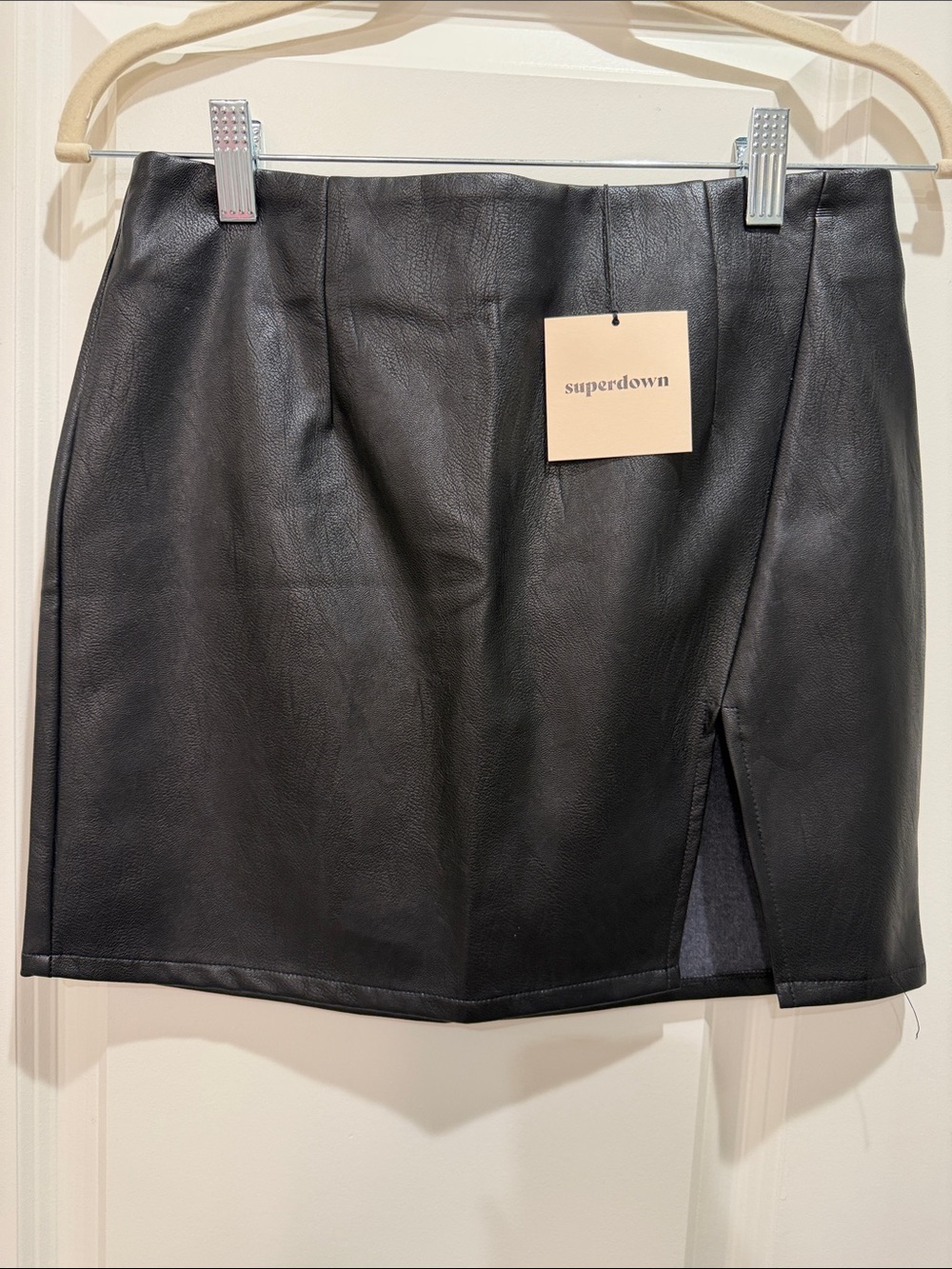 superdown Black Faux Leather Mini Skirt with Side Slit